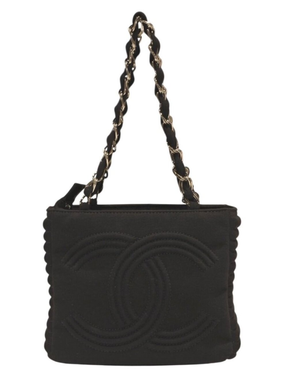 Chanel Chain Handbag CC Logo Quilted Black Cotton Jersey Silver